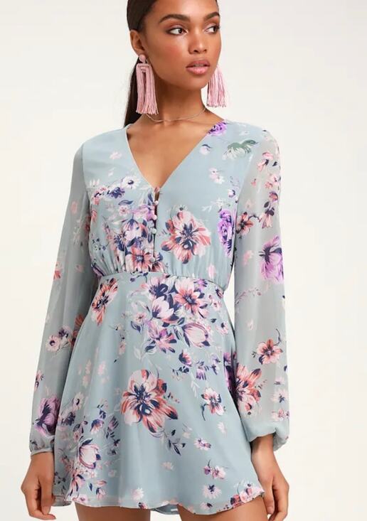 Lulus Dresses & Skirts - New Lulus Always Yours Light Blue Floral Print Long Sleeve Skater Dress Sz L